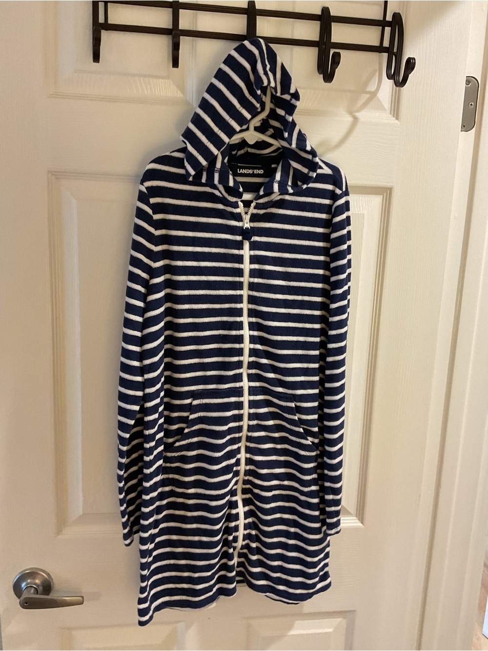 Lands' End Navy and White Striped Zip Hooded swim coverup size 10/12